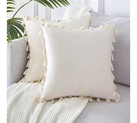 Fundas de Cojines Fundas de Cojines lumbares Decorativos de Terciopelo con Borla de Color sólido para Cama Sofás Silla Sala de Estar Dormitorio Jardín Coche Juego de 2-60x60cm_Blanco
