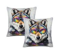 Fundas De Cojines Gafas De Sol Café Lobo Estampado Divertido Duradera Fundas para Cojines Sin Arrugas Protector De Almohada para Sala De Estar Oficina Coche Paquete De 2