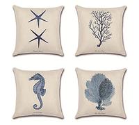 Fundas de Cojines Juego de 4 40x40cm Doble Cara Cuadradas Algodón de Lino Throw Pillow Case Estrella De Mar Azul Del Océano Funda de Almohada con Cremallera Invisible 16x16inch Decor Sofá Coche Hogar