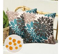Fundas de Cojines Muebles Exterior Impermeables Lino para Sofá 40x40 Funda de Almohada Cuadrada Marrón y Turquesa Flor de Dalia Modernas para Sillas Sillones de Sala Terraza Jardines, Juego de 2