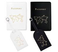 Fundas de Pasaporte y Etiquetas Equipaje, 2 Piezas Porta Pasaportes y 2 Piezas Etiquetas para Maleta in Pile PU Accesorios de Viaje para Mujeres y Hombres (Negro + Blanco)