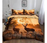 Fundas Edredón 3 Piezas 200 x 200 cm Animales Plantas Amanecer Ciervo RojoBeige Estampada Juego De Cama, Microfibra Suave Incluye 1 Funda Nórdica con 2 Funda de Almohada 50x75 cm