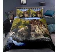 Fundas Nordica 220x240 Cabaña Acantilado Impresión 3D Funda Edredon Arquitectura 3 Piezas Funda Nórdica Microfibra con Cremallera y 2 Fundas Almohada 50x75 1486-D