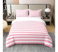 Fundas Nordicas Cama 105 Rayas Rosas, Ropa de Cama Rayas Horizontales de Microfibra Impresión 3D Funda Edredon 180x220 cm con Cremallera y 2 Fundas de Almohada A-5835