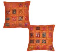 Fundas para cojín de algodón con bordados y tela de retales, diseño de estilo hindú vintage, 41 x 41 cm, color naranja, 2 unidades