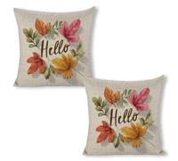 Fundas para Cojines Hojas De Otoño En Acuarela con La Palabra Hola sobre Fondo Blancos A Cuadros. Almohada De La Cubierta 2 Lavables Suave Fundas Cojines para Coche Oficina Porche 45X45Cm