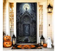 Fundas para puerta de Halloween con arco embrujado, estilo gótico, 91,4 x | Arquitectura de piedra gótica, telón de fondo de puerta delantera, escena de bosque inquietante, detalles de cuervo