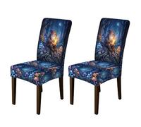 Fundas para sillas de comedor de fantasía, diseño de árbol de gnomo, color azul otoño, elastano, lavable, elástico, para decoración de cocina, sala de estar, fiesta, 2 piezas