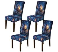 Fundas para sillas de comedor de fantasía, diseño de gnomo, color azul otoño, elastano, lavable, elástico, para decoración de comedor, hotel, inauguración de la casa, 4 piezas