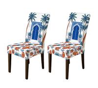 Fundas para sillas de comedor, diseño de palmera tropical marroquí, color azul, elastano, detalles lavables, suaves, decoración para cocina, restaurante, oficina, fiesta, 2 unidades