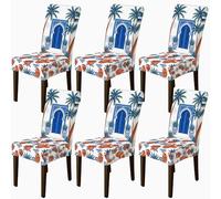 Fundas para sillas de comedor, diseño de palmera tropical marroquí, color azul, elastano, lavable, elástico, protector de silla, decoración para comedor, cocina, banquete, 6 unidades
