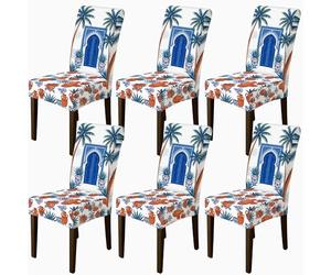 Fundas para sillas de comedor, diseño de palmera tropical marroquí, color azul, elastano, lavable, elástico, protector de silla, decoración para comedor, cocina, banquete, 6 unidades