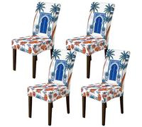 Fundas para sillas de comedor, diseño de palmera tropical marroquí, color azul, elastano, lavable, transpirable, decoración para comedor, hotel, inauguración de la casa, 4 piezas