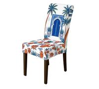 Fundas para sillas de comedor, diseño de palmera tropical marroquí, color azul, elastano, lavable, transpirable, decoración para comedor, hotel, inauguración de la casa, 1 unidad