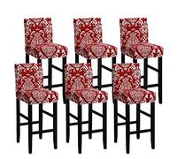Fundas para Taburetes de Bar con Respaldo Fundas para Taburetes de Bar de Tela Elástica de Licra Fundas Extraíbles y Lavables para Sillas de Respaldo Corto (Juego de 6 Damasco Rojo)