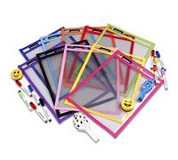 Fundas Reutilizables A4 Transparentes (36×26 cm) | Pack 10 Fundas de Borrado en Seco con 10 Rotuladores, 2 Borradores y 2 Globos | PET Reciclable | Material Escolar para Aula y Casa