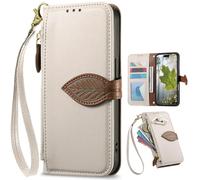 Fundas Tipo Cartera con Cremallera para OPPO A58X 5G, Correa de Mano, Soporte, Case con Estampado de Hojas de árbol para OPPO A58X 5G-Blanco