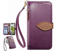 Fundas Tipo Cartera con Cremallera para OPPO A6 Pro 5G, Correa de Mano, Soporte, Case con Estampado de Hojas de árbol para OPPO A6 Pro 5G-Morado