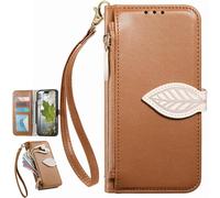 Fundas Tipo Cartera con Cremallera para OPPO A6 Pro 5G, Correa de Mano, Soporte, Case con Estampado de Hojas de árbol para OPPO A6 Pro 5G-Marrón