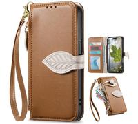 Fundas Tipo Cartera con Cremallera para OPPO A6 Pro, Correa de Mano, Soporte, Case con Estampado de Hojas de árbol para OPPO A6 Pro-Marrón
