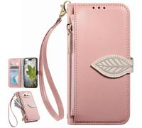 Fundas Tipo Cartera con Cremallera para OPPO A9 2020, Correa de Mano, Soporte, Case con Estampado de Hojas de árbol para OPPO A9 2020-Rosa