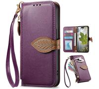 Fundas Tipo Cartera con Cremallera para OPPO Reno13 F, Correa de Mano, Soporte, Case con Estampado de Hojas de árbol para OPPO Reno13 F-Morado