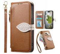 Fundas Tipo Cartera con Cremallera para OPPO Reno13 Pro 5G, Correa de Mano, Soporte, Case con Estampado de Hojas de árbol para OPPO Reno13 Pro 5G-Marrón