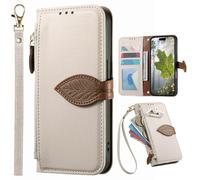 Fundas Tipo Cartera con Cremallera para OPPO Reno13 Pro, Correa de Mano, Soporte, Case con Estampado de Hojas de árbol para OPPO Reno13 Pro-Blanco