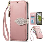 Fundas Tipo Cartera con Cremallera para OPPO Reno14 5G, Correa de Mano, Soporte, Case con Estampado de Hojas de árbol para OPPO Reno14 5G-Rosa