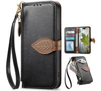 Fundas Tipo Cartera con Cremallera para OPPO Reno14 F 5G, Correa de Mano, Soporte, Case con Estampado de Hojas de árbol para OPPO Reno14 F 5G-Negro
