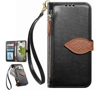 Fundas Tipo Cartera con Cremallera para OPPO Reno15C 5G, Correa de Mano, Soporte, Case con Estampado de Hojas de árbol para OPPO Reno15C 5G-Negro