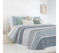 Fundeco - Colcha Entretiempo Cama 150 Diseño Reversible de Rayas y Efecto Semiliso Color Azul - Medida 250x270 cm - Incluye 2 Fundas de Cojín 50x70
