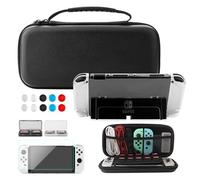 FUNDIARY Funda de transporte negra para Nintendo Switch OLED, kit de accesorios a prueba de golpes con funda de almacenamiento portátil, carcasa protectora transparente acoplable, protector de