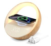 FUNFOR Reloj despertador con carga inalámbrica, altavoces Bluetooth 5.3, cargador inalámbrico de 15 W, alarmas de noche, simulación de amanecer, luz nocturna, alarmas para dormitorio de niños