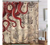 Fungarth Cortina de ducha extra larga vintage con diseño de pulpo náutico rojo de 213 cm, diseño de sirena, divertido océano, Kraken, para baño, cortina de baño de tela impermeable (Retro1, 72 x 84