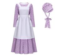 Funhoo Disfraz de sirvienta victoriana para mujer, vestido de pionera floral con gorro y delantal, vestido colonial modesto de pradera, manga larga (morado, XL)