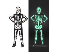 Funidelia Disfraz de esqueleto brilla en la oscuridad para niño, Incluye mono y pasamontañas - Traje para niños para fiestas, Carnaval y Halloween, Talla 7-9 años