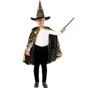 Funidelia | Disfraz de mago con estrellas para niño Brujas, Magos, Halloween, Terror - Disfraz para niños y divertidos accesorios para Fiestas, Carnaval y Halloween - Talla 10-12 años - Negro
