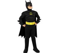 Funidelia Disfraz Oficial de Batman para niño, Mono, cinturón, capa con máscara y cubrebotas, Superhéroes - Traje para niños para fiestas, Carnaval y Halloween - Talla 7-9 años