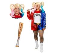Funidelia Disfraz Oficial de Harley Quinn con peluca y bate hinchable - Escuadrón Suicida para mujer Superhéroes, DC Comics - Traje para adultos para fiestas, Carnaval y Halloween - Talla XL