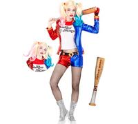 Funidelia Disfraz Oficial de Harley Quinn con peluca y bate hinchable - Escuadrón Suicida para mujer Superhéroes, DC Comics - Traje para adultos para fiestas, Carnaval y Halloween - Talla S