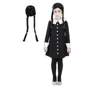 Funidelia Disfraz Oficial de Miércoles Addams con peluca - La Familia Addams para niña, Incluye vestido y peluca - Traje para niños para fiestas, Carnaval y Halloween - Talla 7-9 años