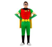 Funidelia Disfraz Oficial de Robin para hombre, Incluye mono, cubrebotas, capa, cinturón, guantes y antifaz, Superhéroes - Traje para adultos para fiestas, Carnaval y Halloween - Talla XL