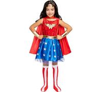Funidelia Disfraz Oficial de Wonder Woman para niña, Incluye vestido, capa, cubrebotas, manguitos, cinturón y tiara, Superhéroes - Traje para niños para fiestas, Carnaval y Halloween, Talla 3-4 años