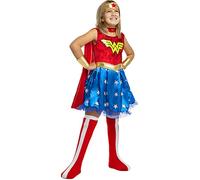 Funidelia Disfraz Oficial de Wonder Woman para niña, Incluye vestido, capa, cubrebotas, manguitos, cinturón y tiara, Superhéroes - Traje para niños para fiestas, Carnaval y Halloween, Talla 5-6 años