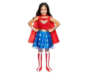 Funidelia Disfraz Oficial de Wonder Woman para niña, Incluye vestido, capa, cubrebotas, manguitos, cinturón y tiara, Superhéroes - Traje para niños para fiestas, Carnaval y Halloween, Talla 5-6 años