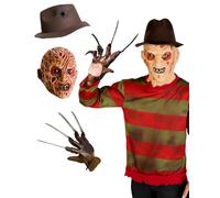 Funidelia Jersey Oficial de Freddy Krueger con Sombrero, Guante y máscara - Pesadilla en ELM Street para Hombre - Traje para Adultos para Fiestas, Carnaval y Halloween - Talla M