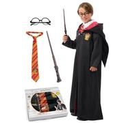 Funidelia Kit disfraz Harry Potter para niño - Oficial. Incluye Caja de regalo con túnica de Gryffindor parche impreso, corbata, gafas y varita con caja de regalo, talla 13-15 years