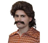 Funidelia | Peluca y bigote años 70 para hombre Música Disco, Abba, Bee Gees, Décadas - Accesorios para adultos, accesorio para disfraz - Marrón
