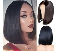 Funien Pelucas Cortas y Rectas con Cierre de Encaje, Cabello Humano Brasileño, Reutilizable, Saludable, para Mujeres, 12 Pulgadas, Adecuado para el Verano